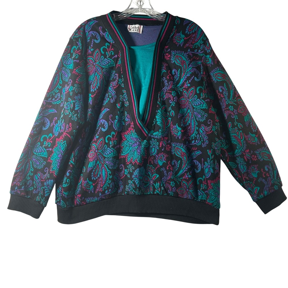 Cricket Lane Black Floral Print V Neck Sweatshirt Top Women's Size‎ XL